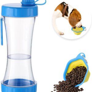 Dog Water Bottle with Food Container • 13.5 oz • Leakproof Travel Dispenser Blue